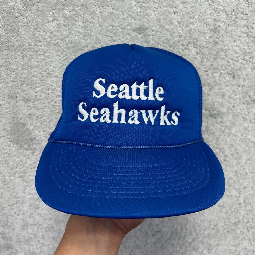 VINTAGE Designer Pro Trucker Hat OSFA Blue Mesh Snapback Cap Seattle Seahawks